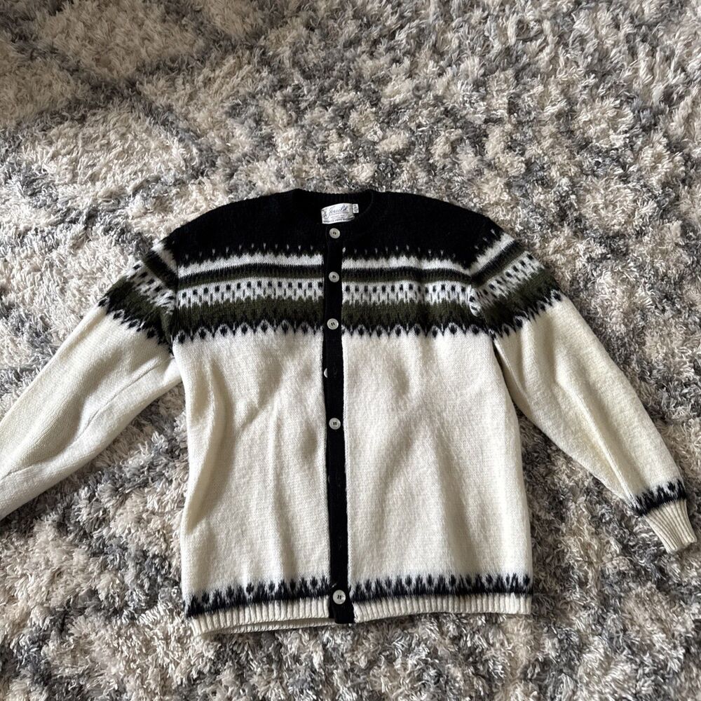 Vintage Jersild Sweater Cardigan Womens Large White Fair Isle Wool Button Front